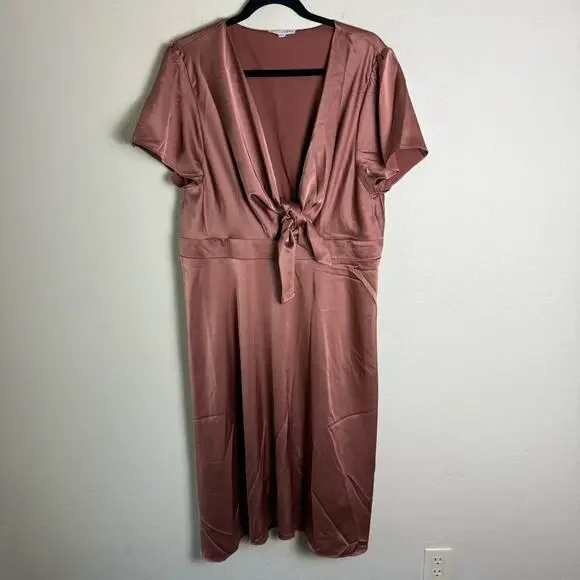 Baltic Born Poppy Satin Midi Dress Rosy Brown XXXL Tie Front - Picture 2 of 16